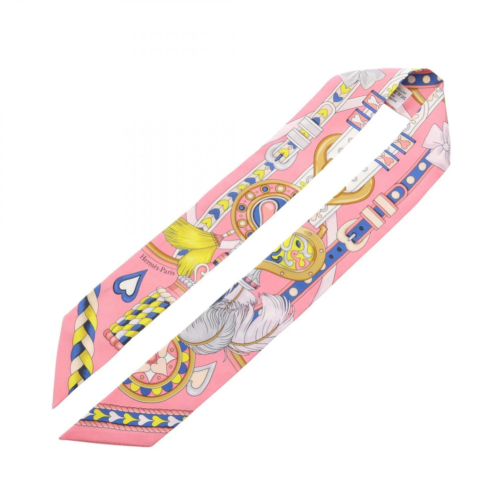 Hermes Twilly HARNAIS DE COEUR Ribbon Scarf Muffler Silk Women's Pink Multicolor - Picture 2 of 5